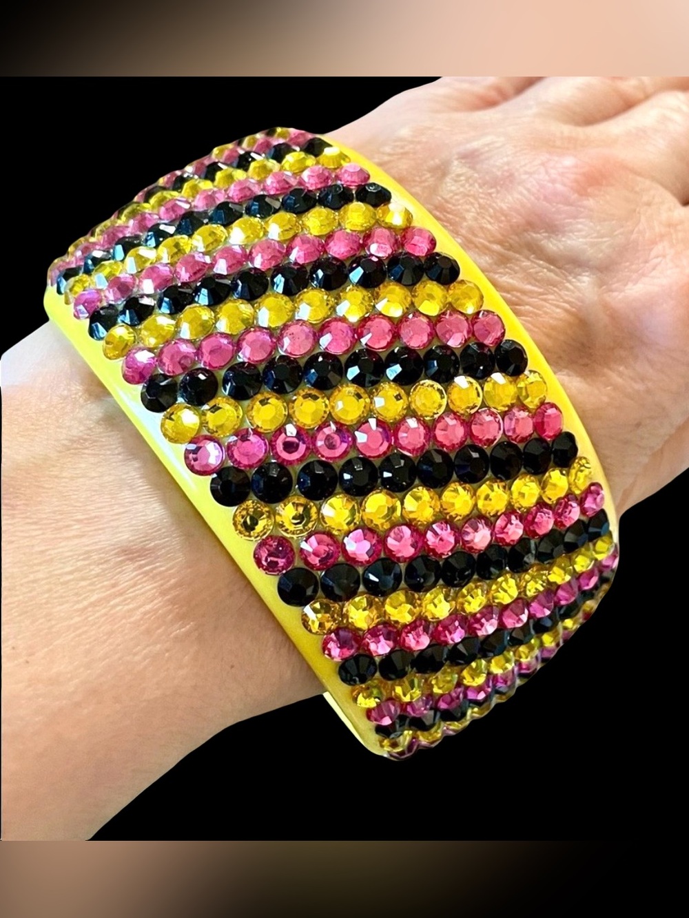 Vintage 90s Chunky Plastic And Rhinestone Bangle Bracelet Pink Yellow Black